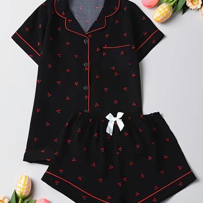 TEMU Women' Cherry Print Short-sleeve Pajama Set With Shorts Image