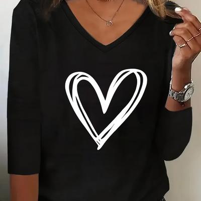 TEMU 1pc Women's Casual V-neck Long Sleeve T-shirt With Letter Cartoon Pattern, Polyester Knit Pullover For Spring/autumn Image