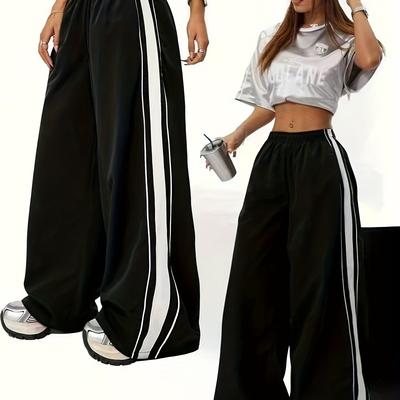 TEMU Women's High-waisted Wide-leg Casual Pants With Side Stripe - Black & White Polyester Blend, Elastic Waistband, Loose Fit For Everyday Image
