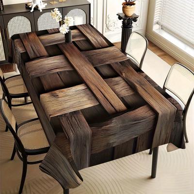 TEMU 1pc Rectangular Tablecloth - Durable Polyester Machine- With Rustic Wood Plank Design, Dark & Dining Table Cover, Use For Parties, Home Decor, Fits Standard Tables, Fitted Table Cloth Image