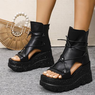 TEMU 1 Pair Elegant Summer Open Toe Platform Heel Sandals For Women, Solid Color Casual Chunky Sole Shoes With Zipper Closure, Upper/inner/insole, Pu Sole Image