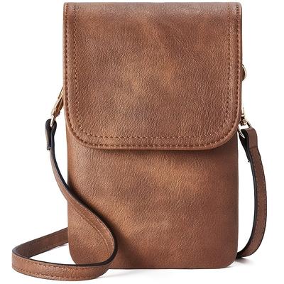 TEMU Vintage-style Women's Crossbody Phone Bag - Large Capacity, Detachable Strap, Zip Closure, Lightweight, In Khaki/dark Brown/black Image