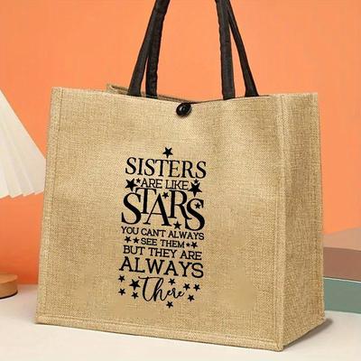 TEMU 1pc Jute Tote Bag For Sisters - Large Capacity, , Trendy , Printed Handbag For Outdoor, Picnic, Party, Travel, Shopping - Gift For Sisters Image