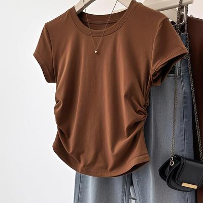 TEMU Women's Casual Short Sleeve T-shirt - Elegant Round Neck With Hem, Solid Color Summer Top, Machine Washable Regular Fit Image