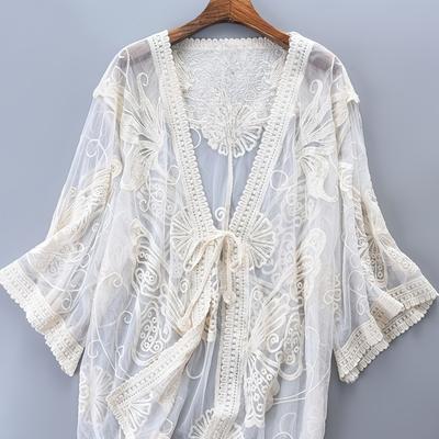 TEMU Women's Summer Semi-sheer V-neck Beach Lace Cardigan - Floral Embroidery & Cut-out Details, Lightweight Open Front Cover-up For Casual Or Formal Wear Image