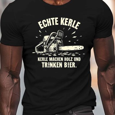 "TEMU Men's Chainsaw Graphic T-shirt - German Text "etche " Design, Casual Crew Neck Short Sleeve, Lightweight Summer Tee, Black Polyester , Machine Washable" Image