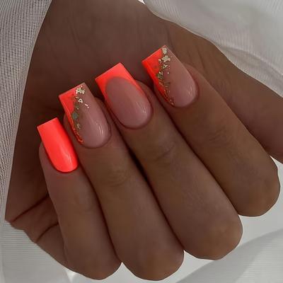 TEMU 24pcs Short Square Press-on Nails Set, With Colorblock Design, , Removable False Nail Tips With Jelly Glue & Nail File Included Image