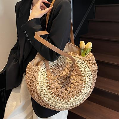 TEMU New Women's Casual Beach Vacation Tote Bag, Hollow Weave Straw Bag, Fixed Shoulder Strap Single Shoulder Bag, Used As A Handbag, Suitable For Beach And Seaside Play, Very Fashionable As A Gift Image