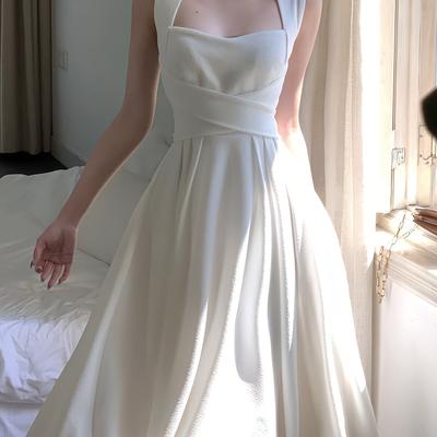 TEMU Elegant Women's Vintage-style Midi Dress - Sleeveless, Ruched Mid-length Gown With Neckline, Light Gray, Spring/summer/fall, Casual | Ruched Waist Detail | Polyester Fabric Image