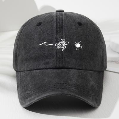 TEMU Vintage Style Unisex Baseball Cap With Wave, Sea Turtle & Sun Print - Adjustable Hat For, Lightweight & Breathable For Outdoor Sports, Fishing, Camping, And Casual Wear Image