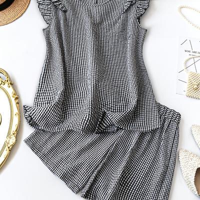 TEMU Women's Spring/summer Short Sleeve Ruffle Hem Black And White Print Shirt And Shorts Set, Checkered Shirt And Shorts Outfit Image