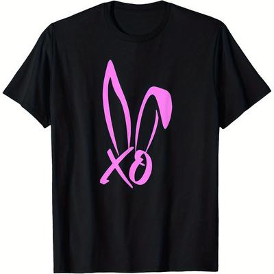 TEMU Mens Bohemian Bunny Xo Graphic T-shirt - Black With Ears & , Asymmetrical Summer Casual Tee, Regular Fit Machine Washable Image