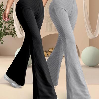 TEMU K11 Women'-piece Set - High-waisted, Casual Flare Leg Pants With Elastic Waistband, Solid Color, Yoga & Everyday Wear, , Yoga Pants||elastic Waistband Image