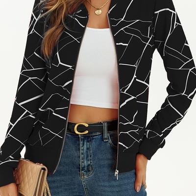 TEMU Women's Fashion Geometric Print Long Sleeve Jacket, Elegant Polyester Knit Casual Pullover With Zipper, Spring/summer/autumn Outerwear Image