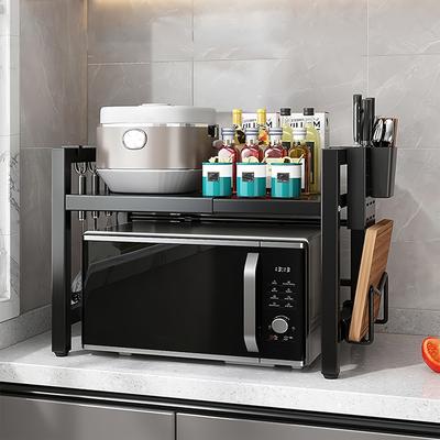 TEMU Microwave Oven Rack With 2/3 Expandable Tabletop, Equipped With 5 Hooks, Made Of Carbon Steel, For Kitchen Storage And Organization, Bread Rack, Adjustable From 40-64 Cm (black, White) Image