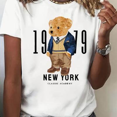 TEMU Women's Bear Graphic Tee - Short Sleeve, White, 1989 Vintage Design, Soft Polyester Blend, Machine Washable, Casual Attire, Summer Style Top | Vintage Graphic Tee | Smooth Fabric, Bear Decor Image