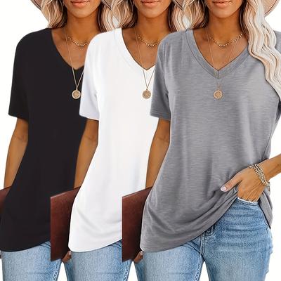 TEMU Women's Plus Size Casual T-shirt Set - 3pcs, V-neck, Short Sleeve, Lightweight & Stretchy, , Casual Wear| Tshirt|lightweight Fabric Image