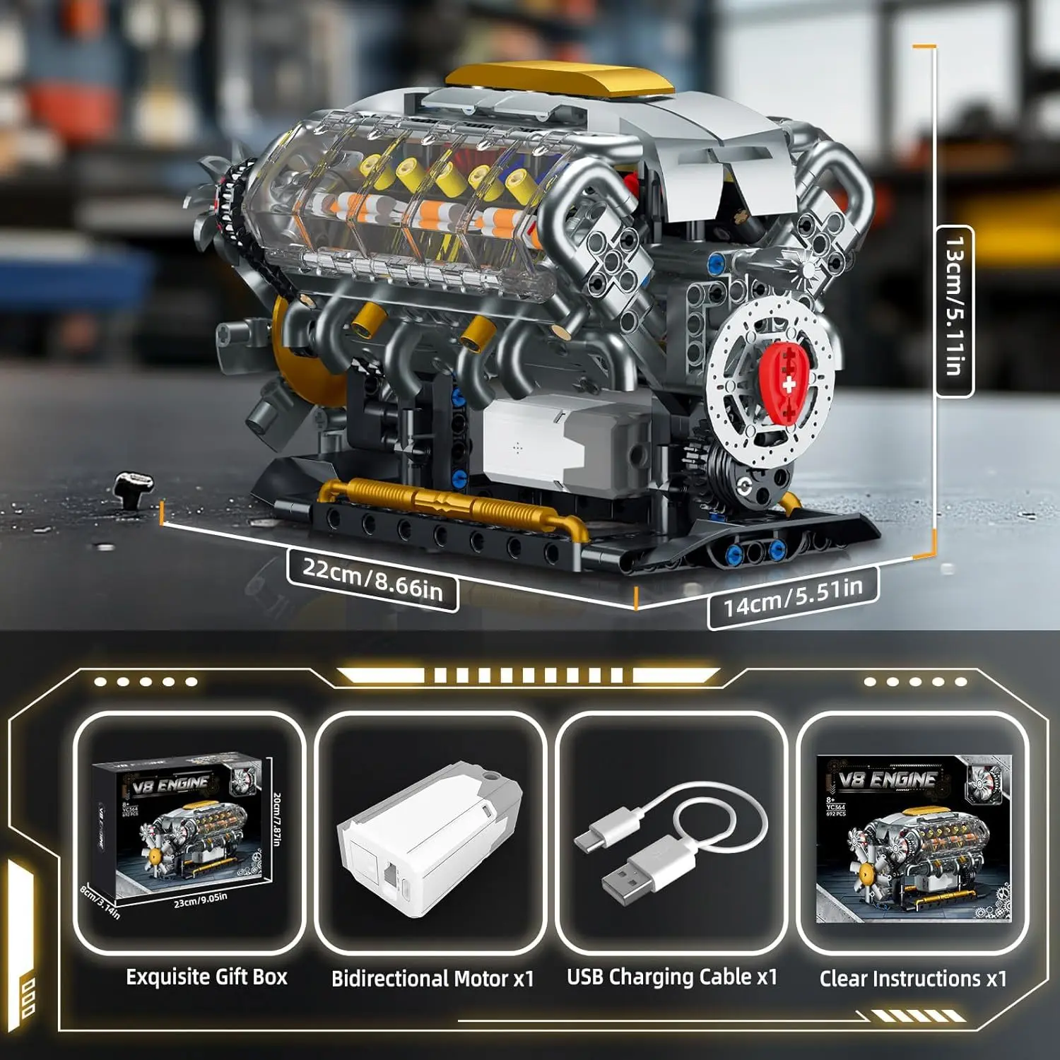 Kreatives V8-Motorbausteine-Spielzeug, Desktop-Display-Modell, bauen Sie Ihr eigenes MOC Mini V8-Motor-Modellspielzeug 692 Stück Image