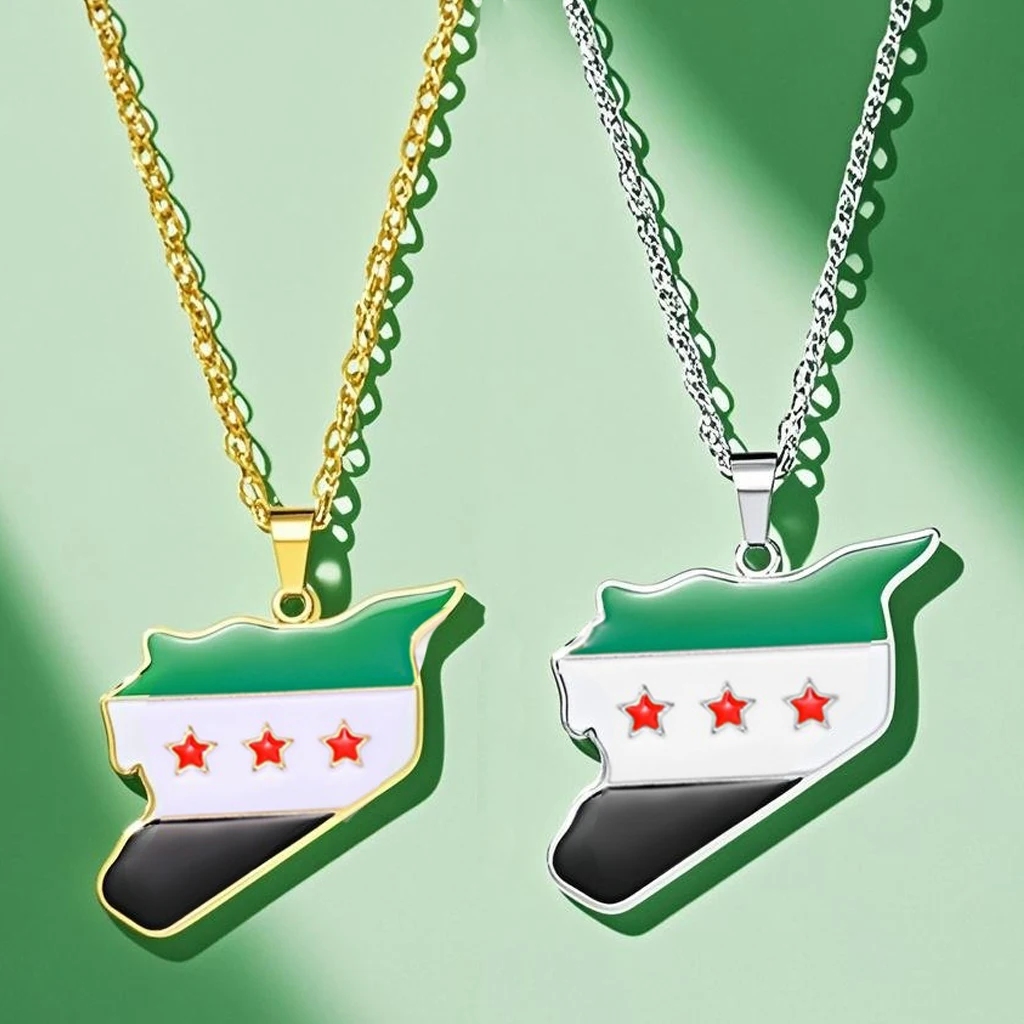 YILUOCD Edelstahl Syrien Karte Flagge Anhänger Halskette für Frauen Tropf Öl Handwerk Syrische Karte Hiphop Schmuck Geschenk Image
