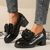 Mode Bowknot Chunky Heels Pumps Frauen Patent Leder Plattform Faulenzer Frau Elegante Slip Auf High Heels Kleid Schuhe Plus Größe