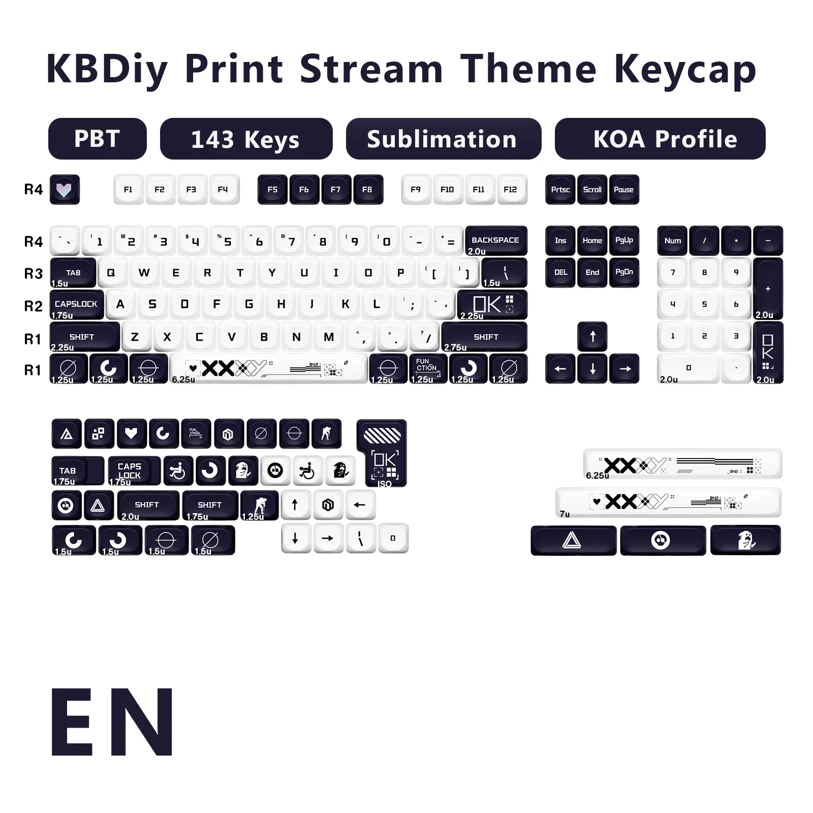 Kbdiy 143 tasten/set pbt print stream keycaps benutzer definiertes koa profil für mechanische tastatur spiel keycap fünf seiten Image