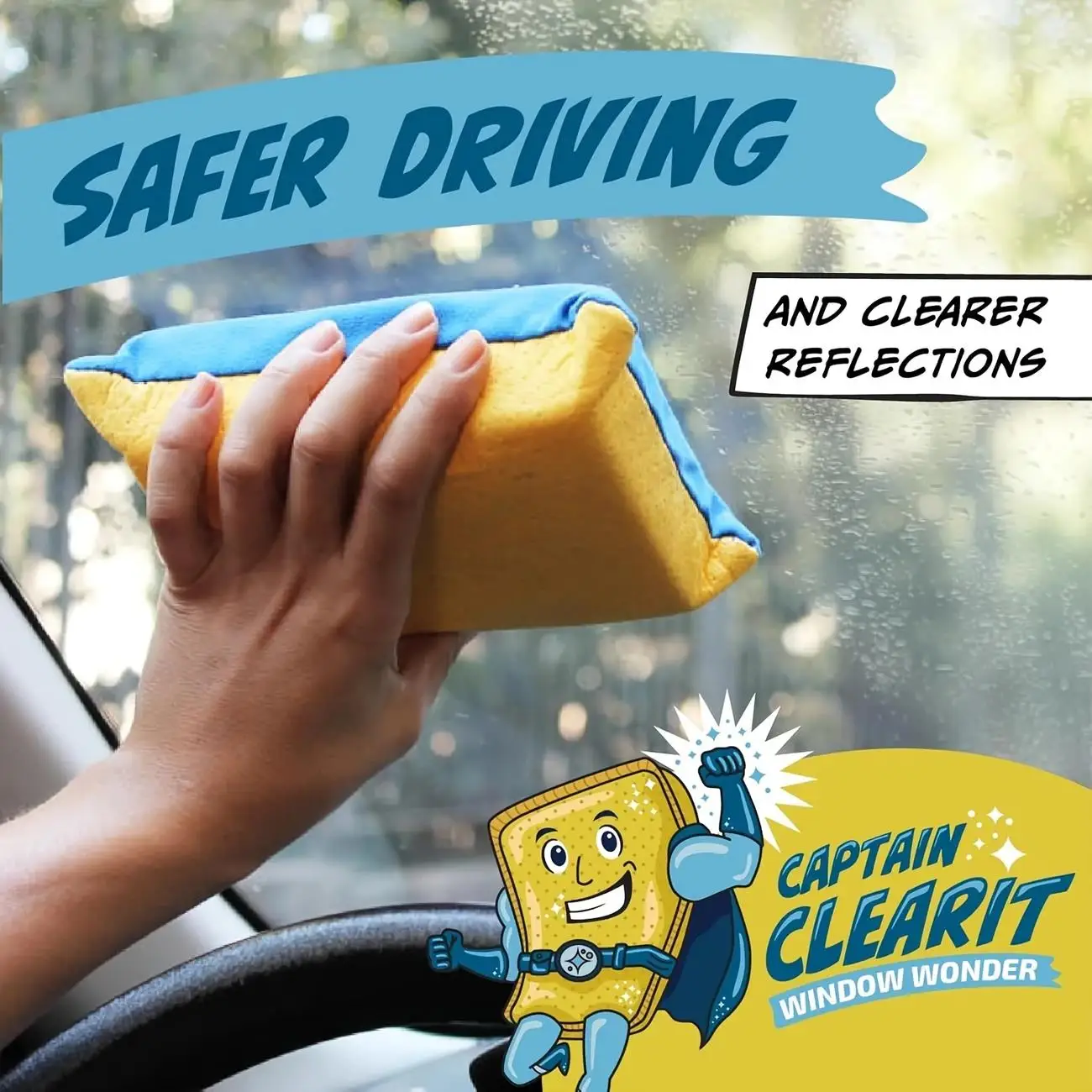 Captain Clear Super Absorbent Anti-Beschlag-Schwamm, groß, keine Spuren, leicht zu reinigen, für Auto, Spiegel, Glas im Innen- und Außenbereich, verspieltes Design Image