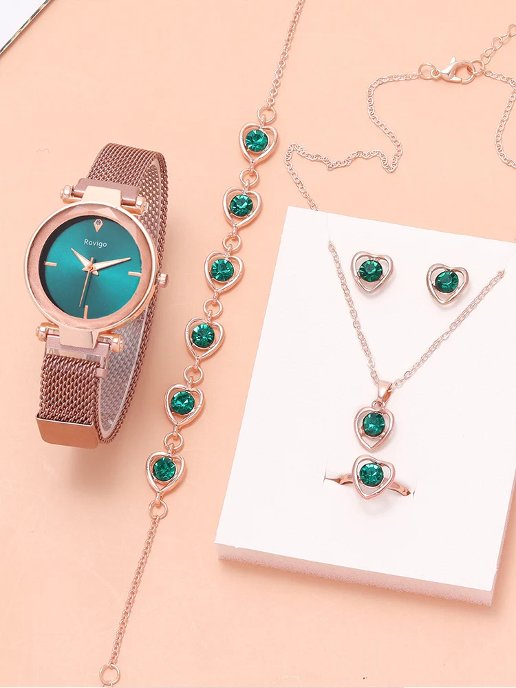 6-teilige trendige, lässige Smaragd-Damen-Quarzuhr, gepaart mit Herz-Armband, Halskette, Ring, Ohrring-Set Image
