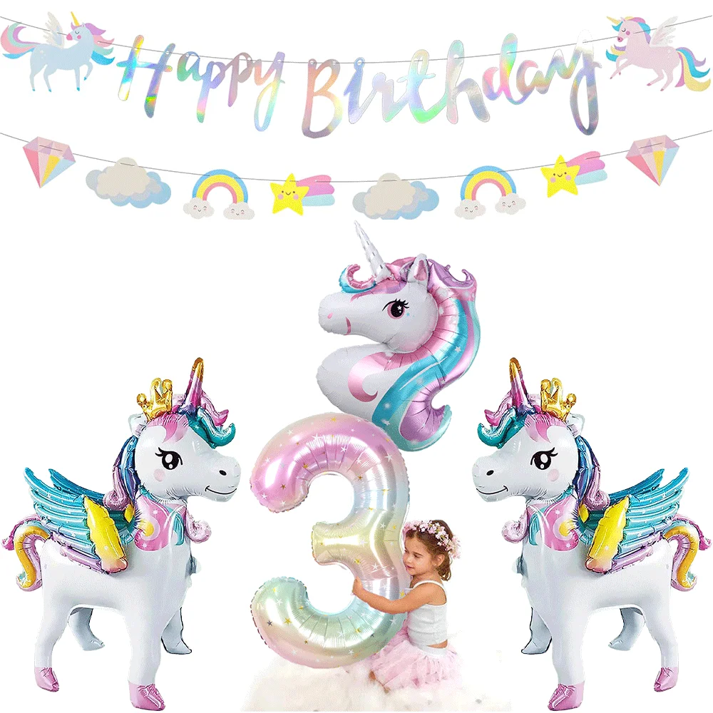 4D Einhorn-Party Folien-Zahlenballons Niedliche Wolke Happy Birthday Regenbogen-Banner Girlande Mädchen Einhorn Geburtstagsdekoration Baby-Shower Image