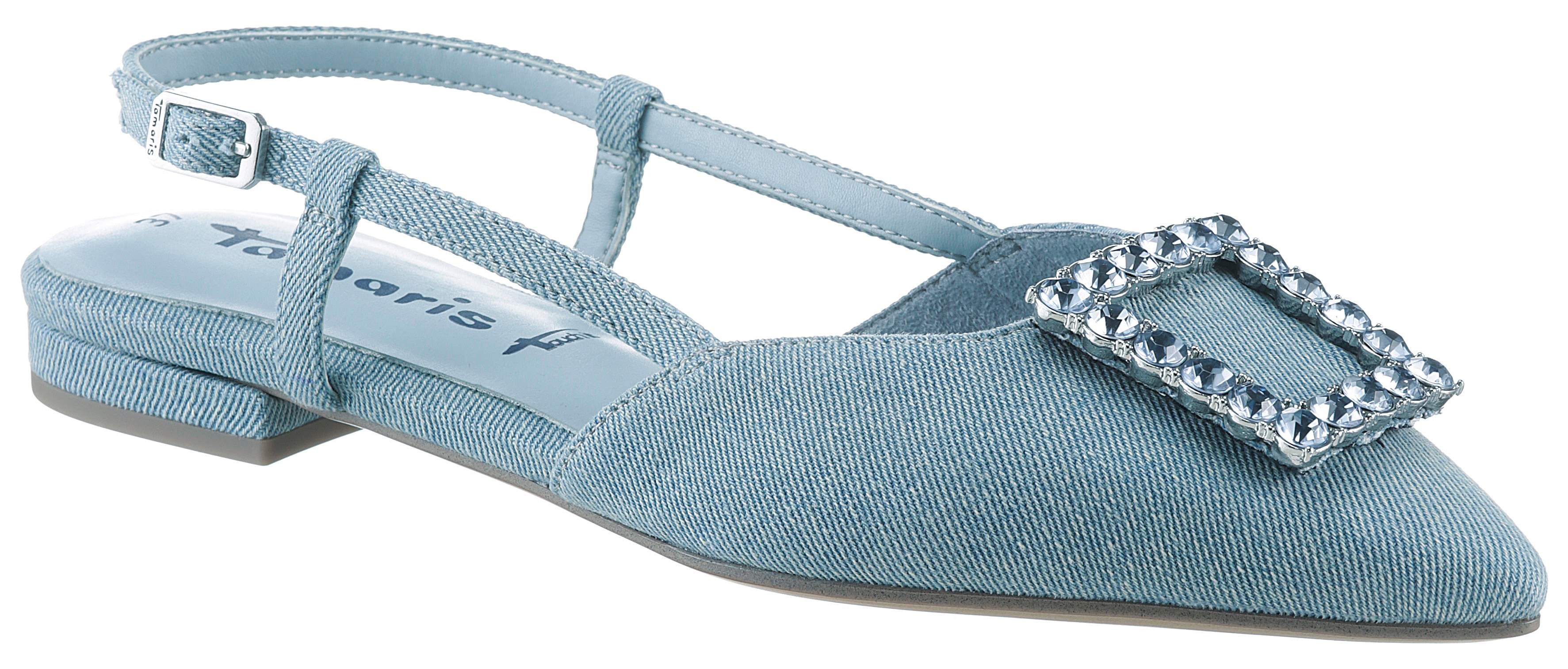 Slingpumps TAMARIS, Damen, Gr. 37, blau (jeansfarben), Textil, unifarben, Schuhe Slingpumps, Blockabsatz, Sommerschuh mit schickem Schmuckelement