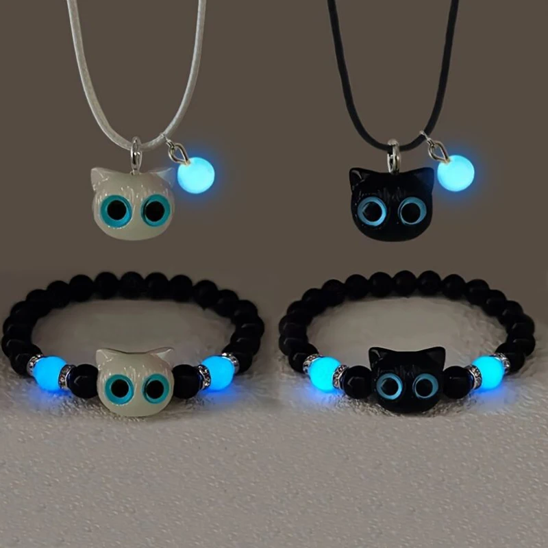 Simpatico acrilico nero bianco gatto coppia braccialetto collana che si illumina al buio braccialetti di perline per donne uomini ragazze ragazzi