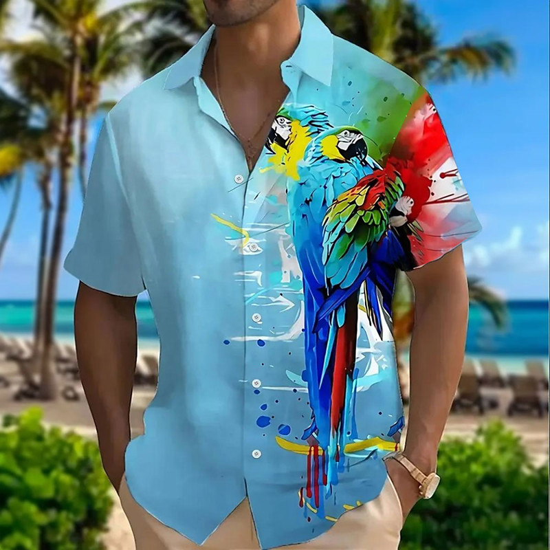 Men's Bird Parrot Shirt Summer Hawaiian Shirt Button Up Shirt Short Sleeve Hawaiian Vacation Holiday Beach Wear Summer Spring Turndown 3D Print Collared Shirts Yellow Blue Purple Green - lightinthebox.com