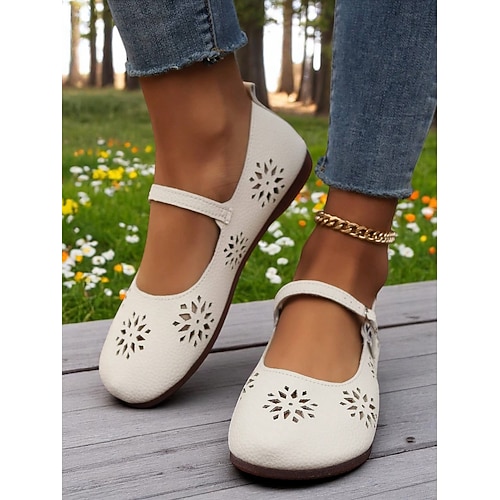 Comode scarpe basse Mary Jane da donna con punta larga e ritagli floreali – scarpe casual a piedi nudi con suola morbida per donna – ideali per brunch, mercati agricoli e tempo libero all'aria aperta