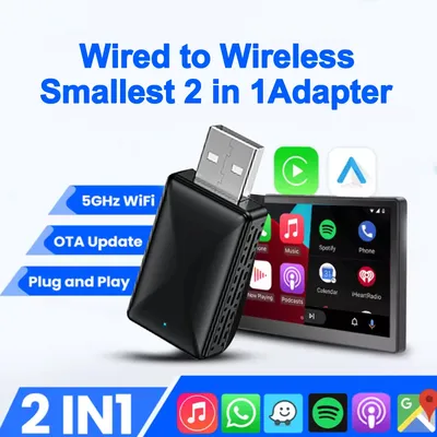 NEW Wired to Wireless Carplay Android Auto 2in1 Mini Adapter Dongle Auto Connect Plug&Play Bluetooth