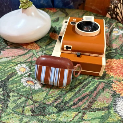 Retro Chic Brown Blue Stripe Vertical Lines Protective Earphone Case with Brown Ring Cover for