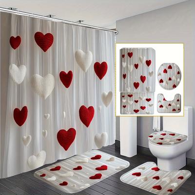 TEMU Home Decoration Love Print 1/ 4pcs Home Decor Shower Curtain Set, High Quality Shower Curtain With 12 Hooks, Non-slip Bathroom Rug, Toilet U-shaped Mat, Toilet Lid Mat, Bathroom Decor Image