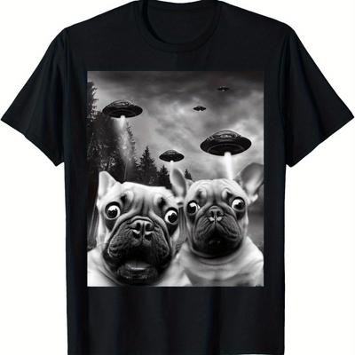 TEMU Men's Funny French Bulldog Ufo Graphic T-shirt - Black Cotton Casual Tee With Whimsical , Short Sleeve, Round Neck, Machine Washable, Casual Wear Tee | Whimsical Print Tee | Fit Image
