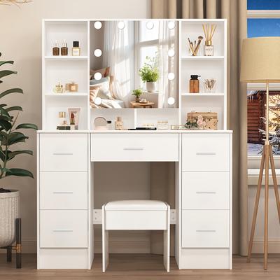 TEMU Dressing Table With 10 Led Light Balls, 3 Colors, Adjustable Brightness, Large Hd Mirror, 1 Large Drawer And 6 Small Drawer Cabinets, 8 Open Shelves, White Image