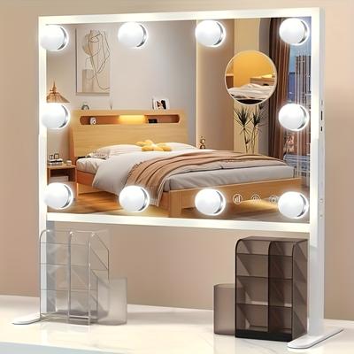 TEMU Bestope Pro Adjustable Makeup Mirror, 60 X 35cm, Mobile Phone Holder, 12 Dimmable Touch Leds, 3 Colour , Table/ Wall Mirror, 10x Magnification, White Image