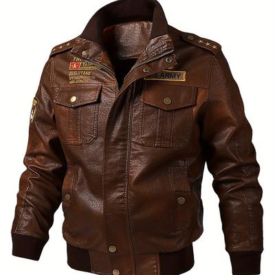 TEMU Men's Retro Biker Jacket - Windproof, Zip-up Pilot Style With Multiple Pockets, Brown Distressed Finish, Casual Fall Fashion Outerwear, Men's Jacket | Classic Jacket | Texture Image
