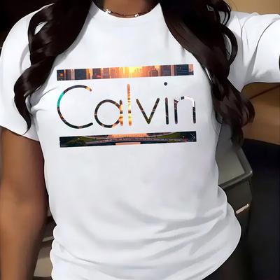 TEMU Women's T-shirt - Casual Round Neck Short Sleeve Tee With Colorful Alphabet Print, Breathable Fabric, Summer, Casual Attire, Casual Summer Wear | Vibrant Graphic Tee | , Ladies T Shirts Image