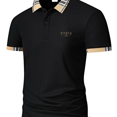 "TEMU Men's High-quality Summer Casual Business Shirt - White With Striped Collar & Sleeves, "paris" Logo, Short Sleeve, Regular Fit, Casual Attire | | Up Shirt" Image