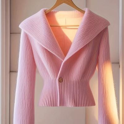 TEMU Women's Soft Pink Dopamine Chic Cardigan - Elegant Deep V-neck Long Sleeve Open Front Button Detail, Medium Stretch Slim Fit Lightweight Sweater For Spring & Fall, Versatile Layering Piece Image
