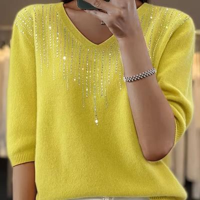 TEMU Independently Developed 1621# European And American V-neck Solid Color Versatile Sweater Top Image