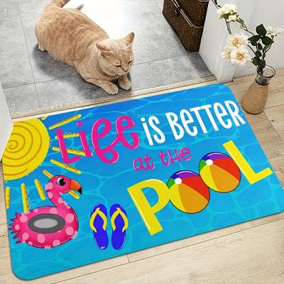 TEMU 1pc Summer Pool Beach Mat Welcome To Our Pool Spring And Summer, Outdoor Theme Machine Washable Polyester Mat Suitable For Bathroom, Living Room, Bedroom, Kitchen And Office Image