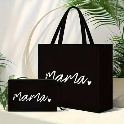 "TEMU Mama-themed Black Tote Bag & Pouch - Stylish, Lightweight Shopping & Beach Bag With "mama" Print, Perfect Gift For Moms On Day, Day Gift| Design|durable Handle Bag, Beach Tote Bag" Image