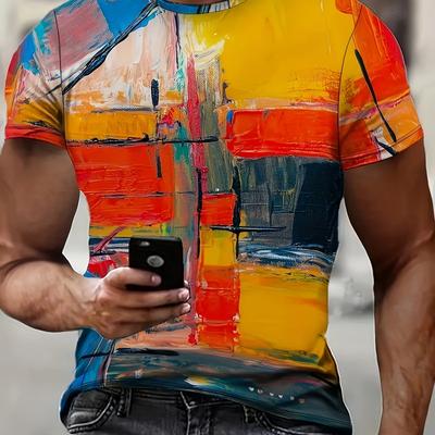 TEMU Men's Vibrant Abstract Print T-shirt - Short Sleeve, Round Neck, Casual Summer Tee With Color , Polyester Fabric, Outdoor Activities, Casual Attire Tee | Graphic Tee | Polyester Fabric Tee Image