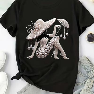 TEMU Elegant Pearl Woman Graphic T-shirt For Women, Plus Size Short Sleeve Crew Neck Top, Polyester Fabric, Comfortable Loose Fit, Spring/summer Streetwear Pullover, Ladies T Shirts Image