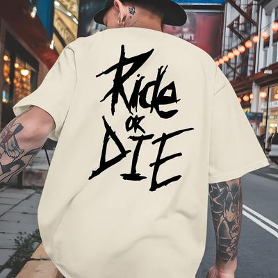TEMU Ride Men's Graphic T-shirt - Back Print Summer Tee, Vibrant Yellow With Black Lettering, Breathable Round Neck Short Sleeve, Regular Fit Casual Top For Beach Vacation & Casual Attire, Beach Shirt Image