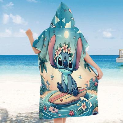 TEMU 1pc Stitch Beach Poncho Towel Wrap - Large, Quick-dry, Soft Microfiber With Hood, Beach Changing, Swimming & Decor, Featuring Stitch On , Quickdry Robe | Themed Apparel | Smooth Texture Fabric Image