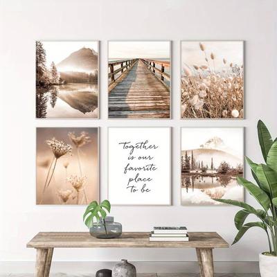 TEMU 6pcs Art Deco Canvas Wall Art Set, Vertical Oblong Nature Scenery Prints, Unframed Beige Landscape Posters With Lake, Mountain, Bridge, Sailboat, Hay Field, And Inspirational Quote Image